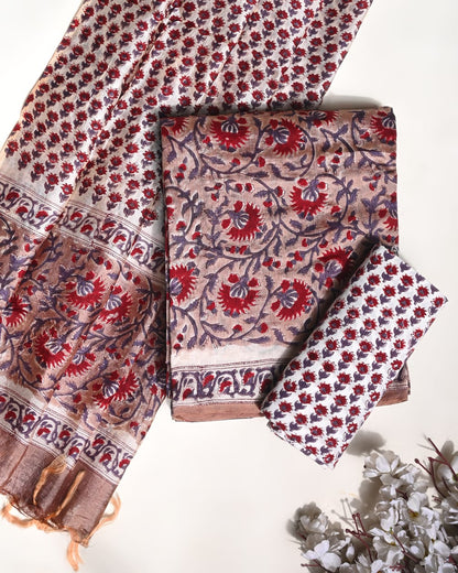 Brown Puna silk dress material wholesale, handblock printed silk suit set by Fabtexs
