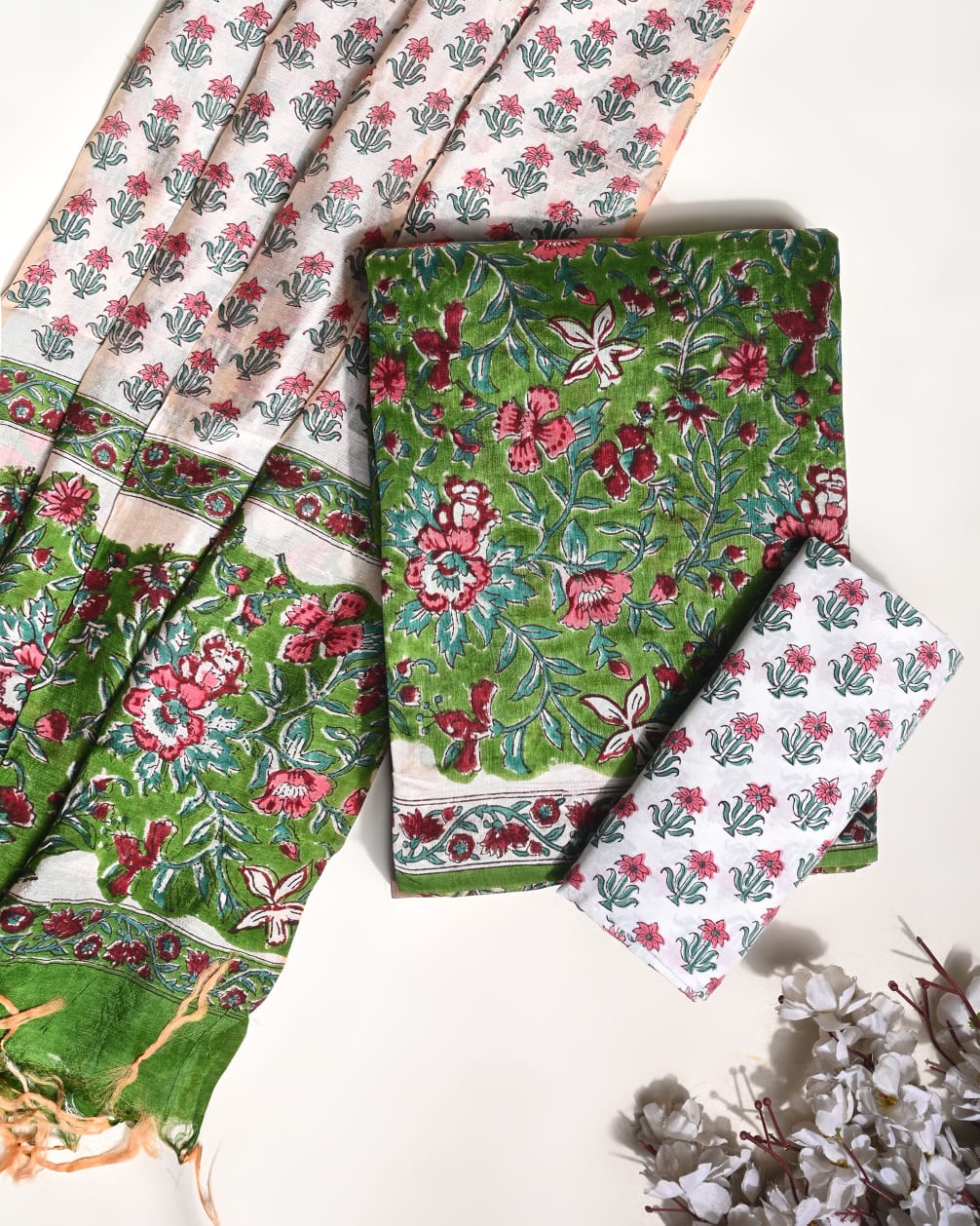 Green Puna silk dress material wholesale, handblock printed silk suit set by Fabtexs