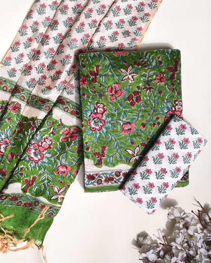 Green Puna silk dress material wholesale, handblock printed silk suit set by Fabtexs