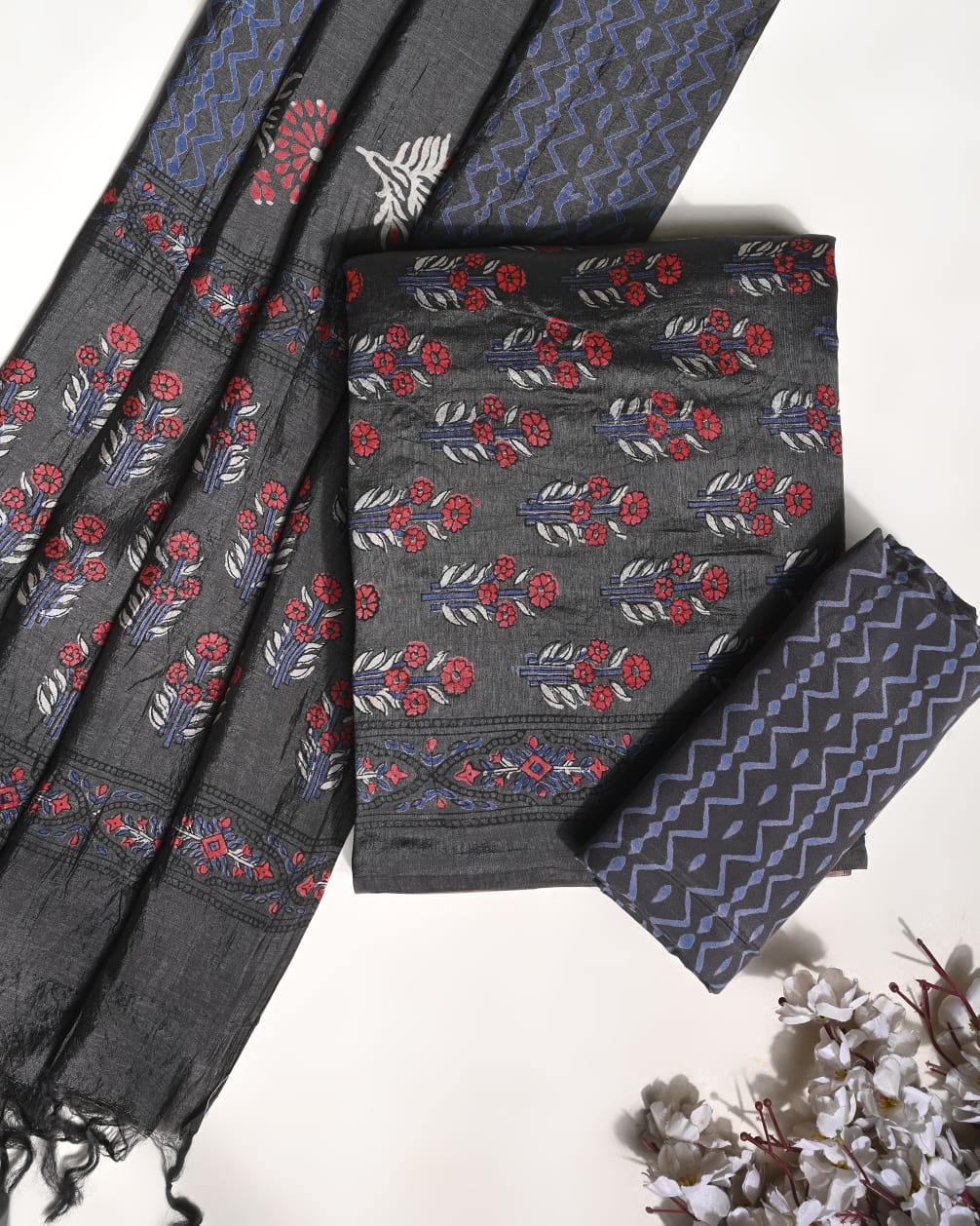 Grey Puna silk dress material wholesale, handblock printed silk suit set by Fabtexs