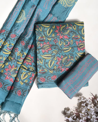 Light blue Puna silk dress material wholesale, handblock printed silk suit set by Fabtexs