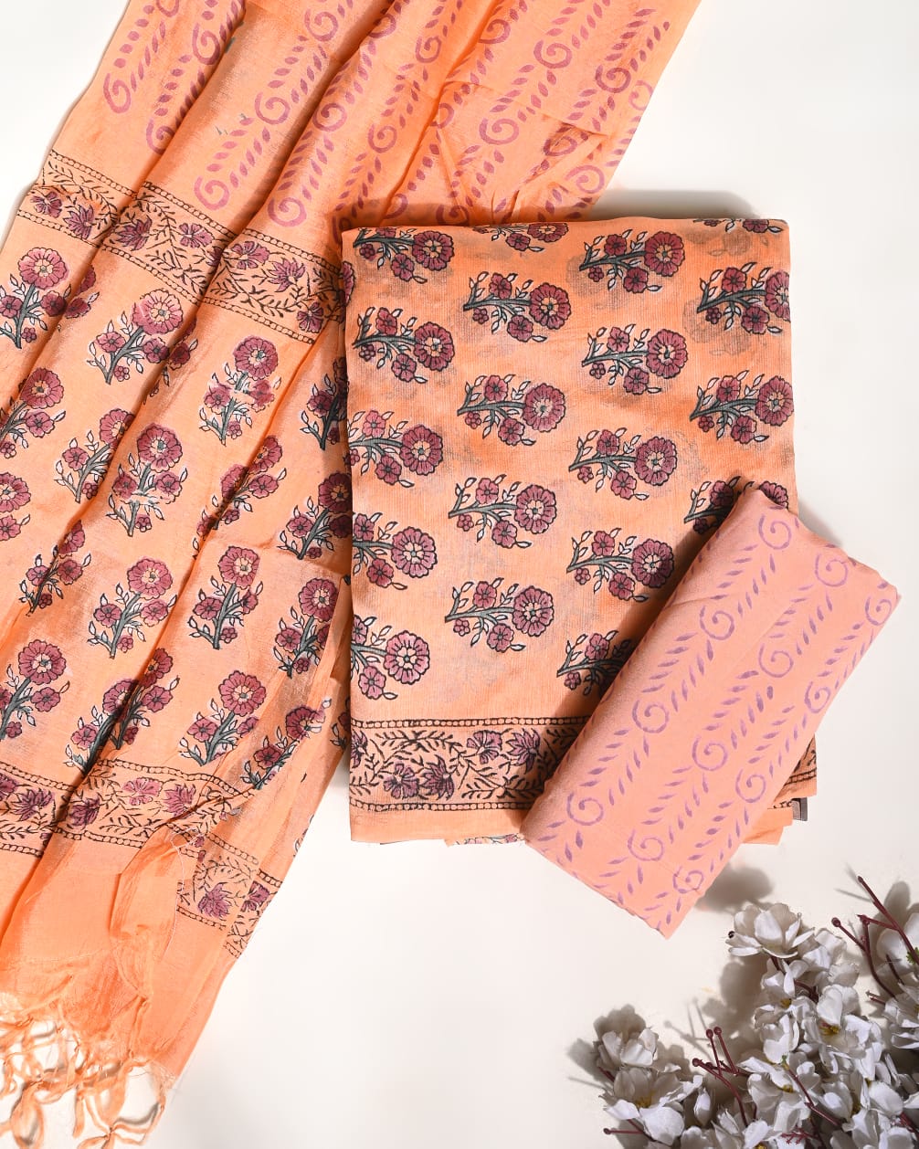 Peach Puna silk dress material wholesale, handblock printed silk suit set by Fabtexs