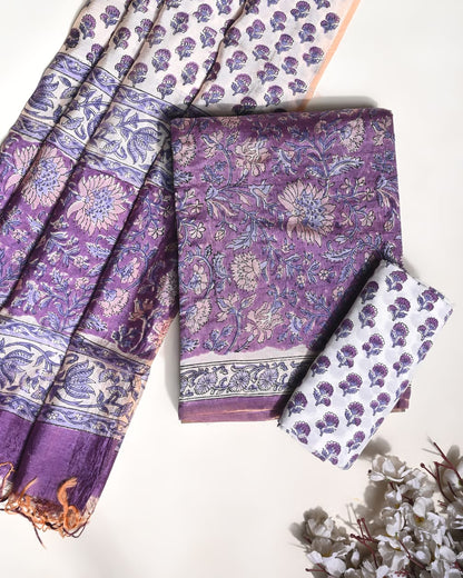 Purple Puna silk dress material wholesale, handblock printed silk suit set by Fabtexs