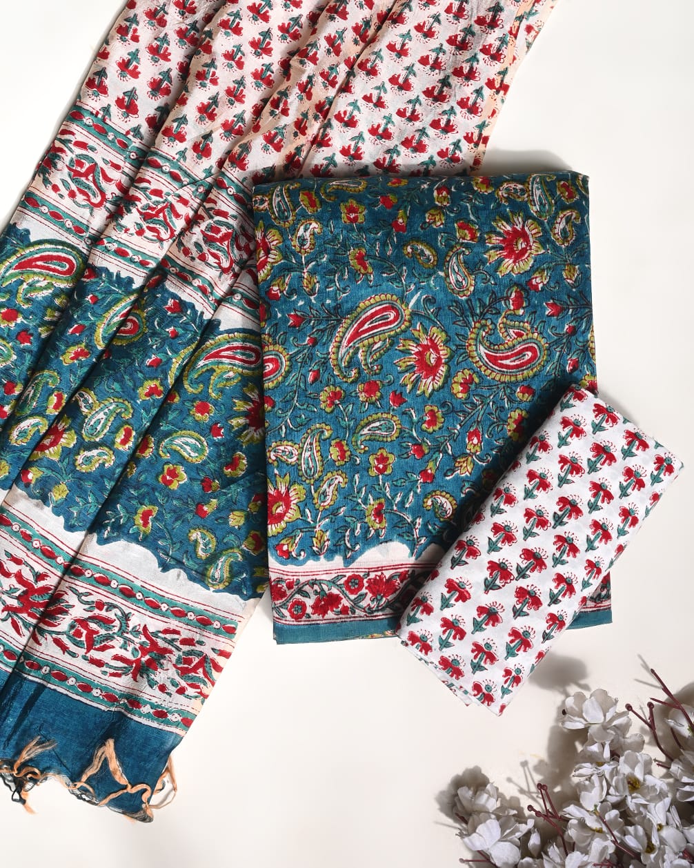 Rama green Puna silk dress material wholesale, handblock printed silk suit set by Fabtexs