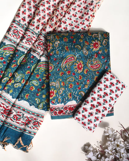 Rama green Puna silk dress material wholesale, handblock printed silk suit set by Fabtexs