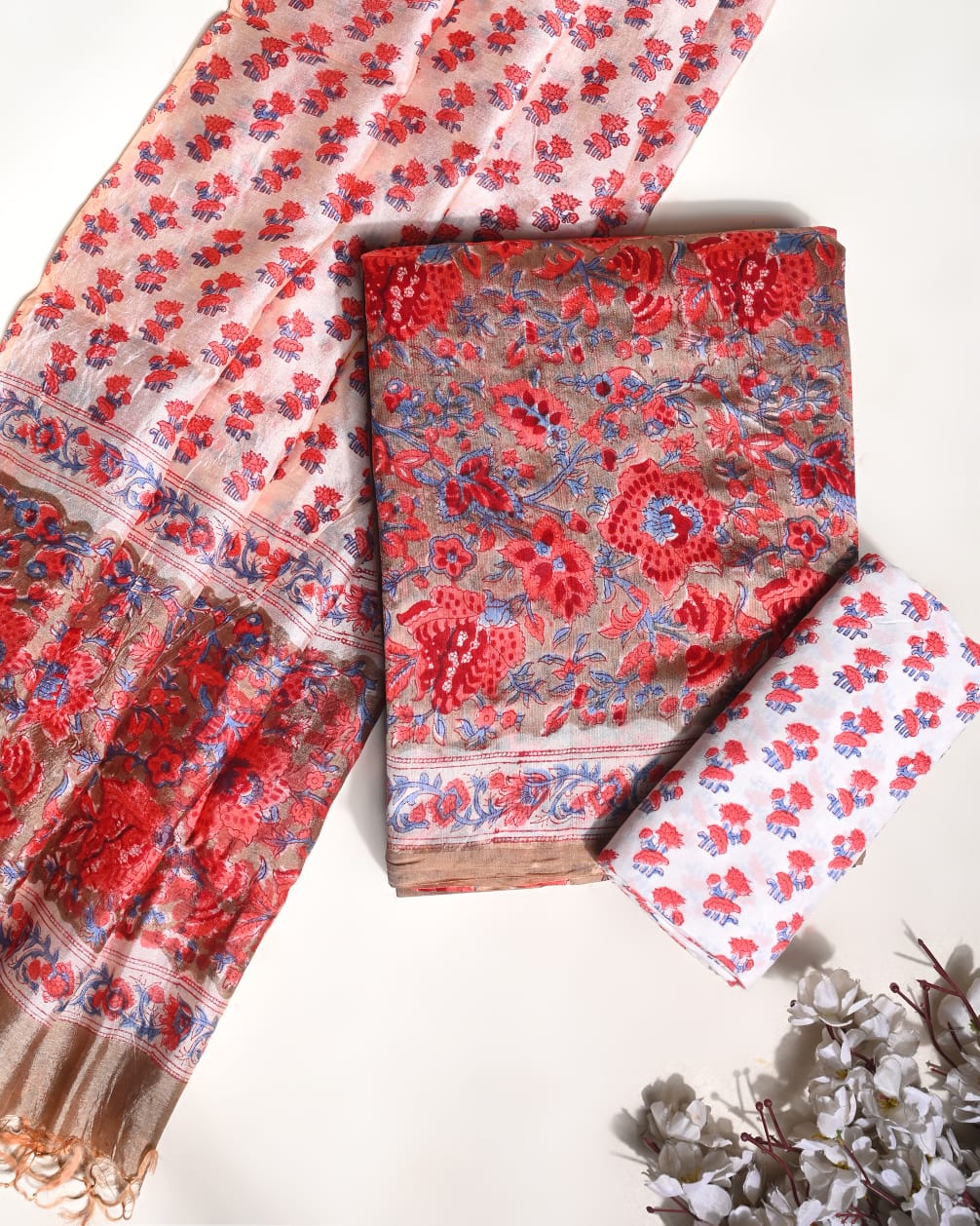 Red Puna silk dress material wholesale, handblock printed silk suit set by Fabtexs