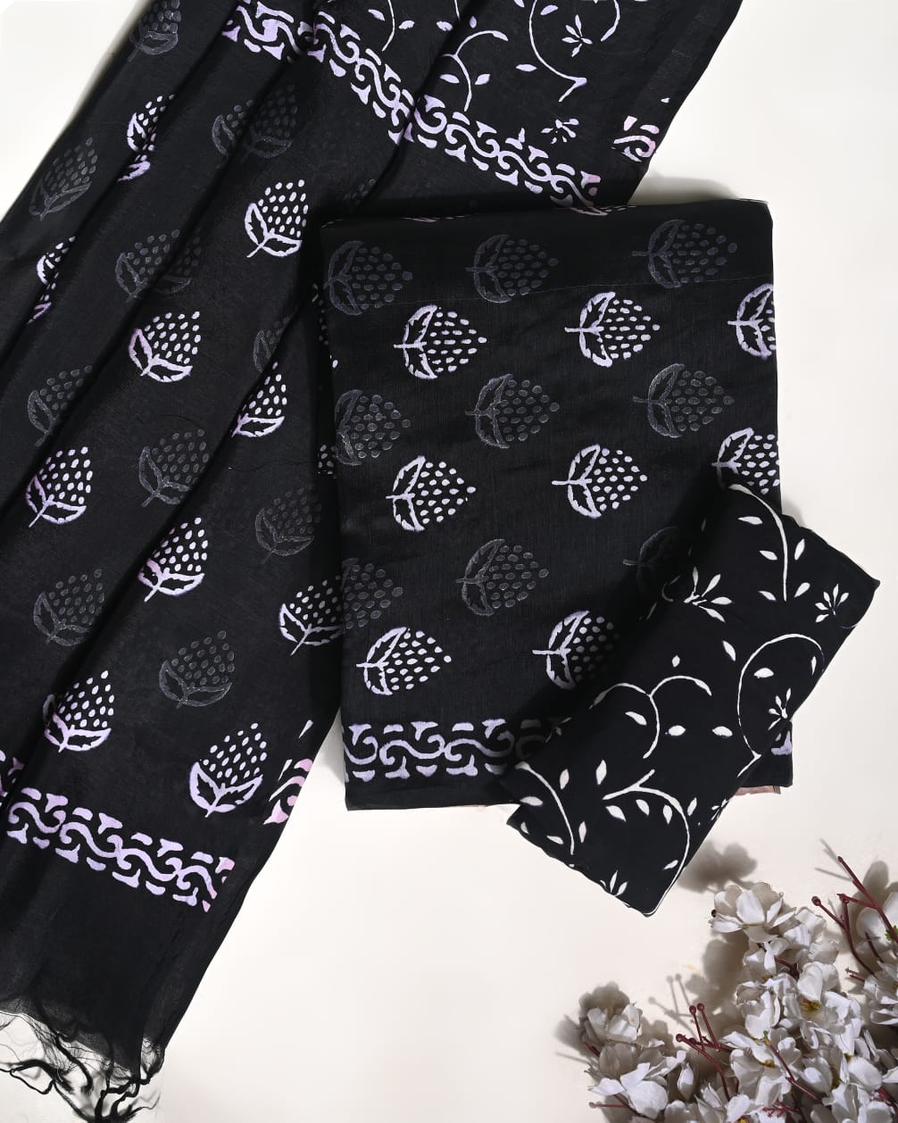 White black Puna silk dress material wholesale, handblock printed silk suit set by Fabtexs