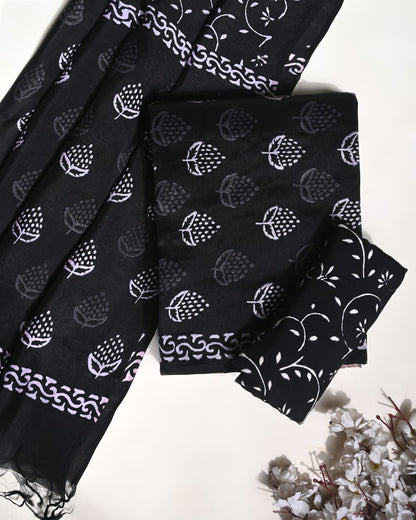 White black Puna silk dress material wholesale, handblock printed silk suit set by Fabtexs