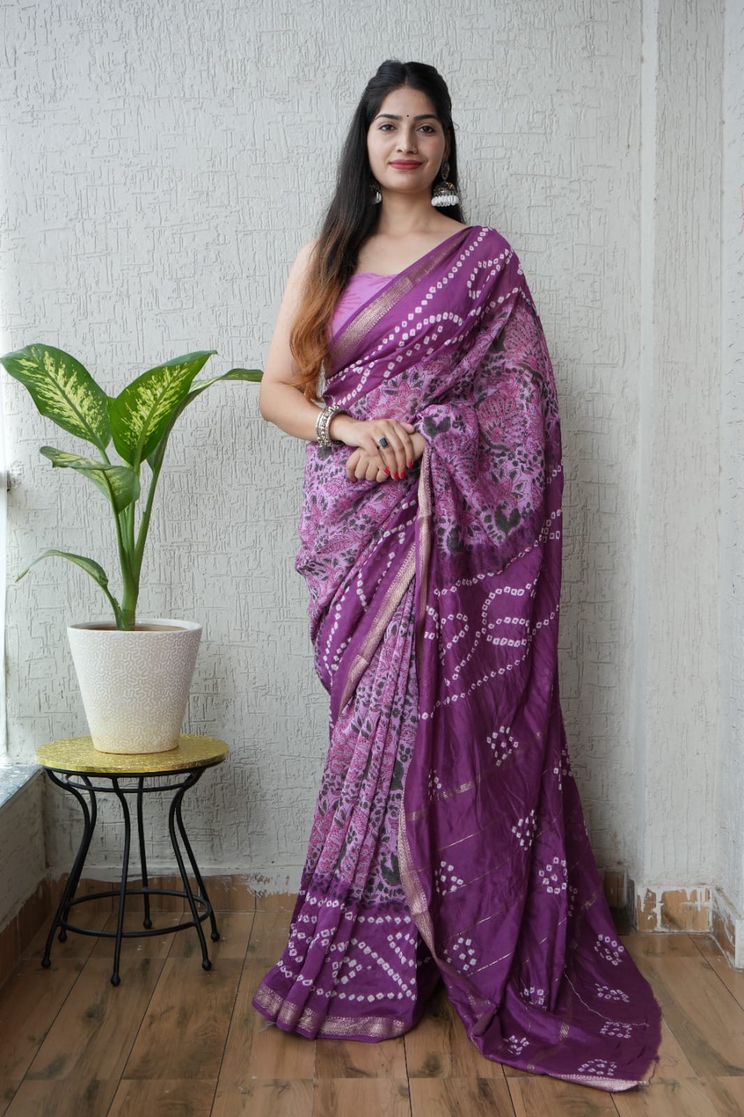 Purple Maheshwari Silk Handblock Printed Saree with Bandhani Floral Design – Wholesale Silk Saree for Boutiques