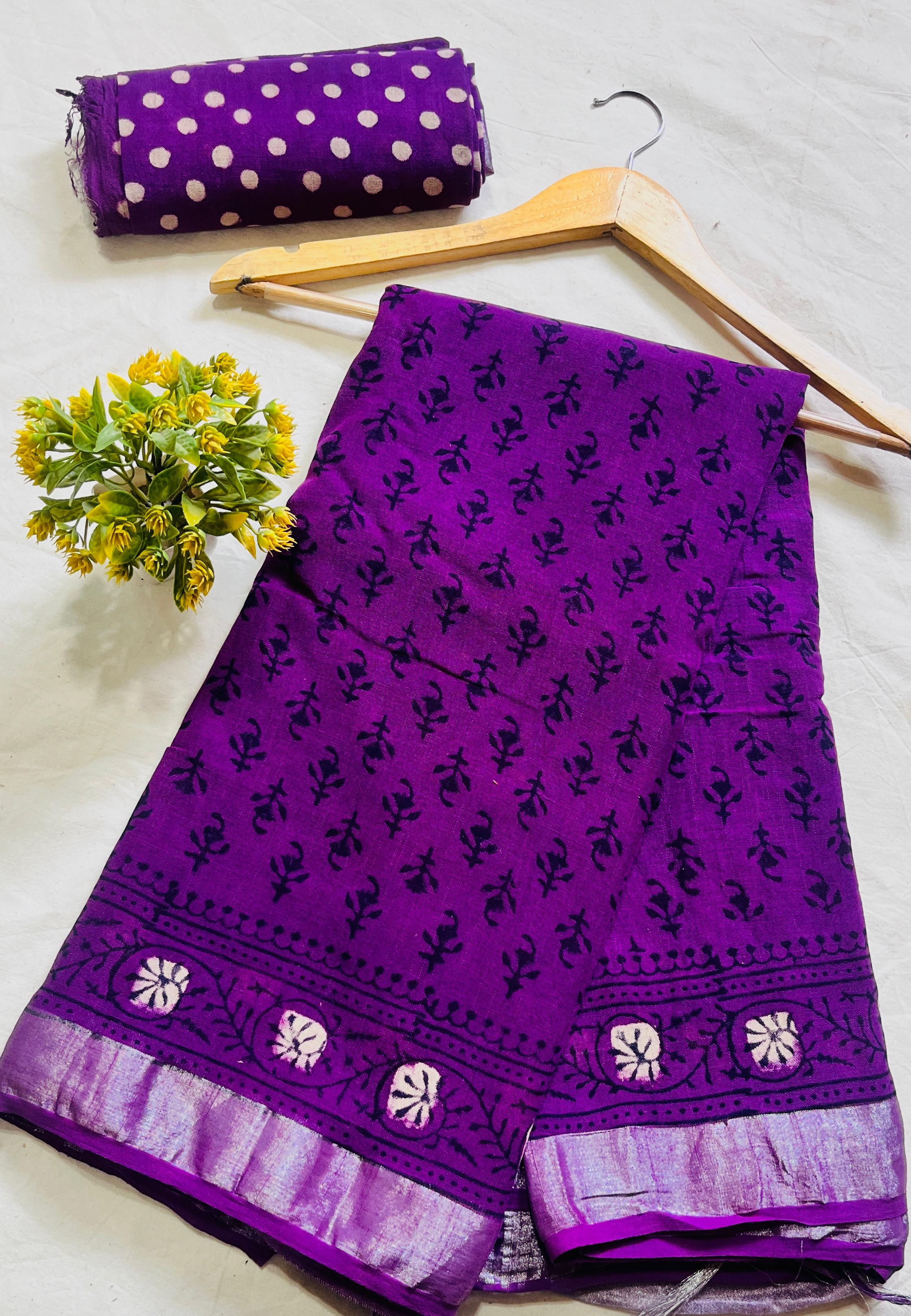 Purple Black Small Booty Saree – Handcrafted cotton linen handblock printed saree wholesale for designers and boutiques