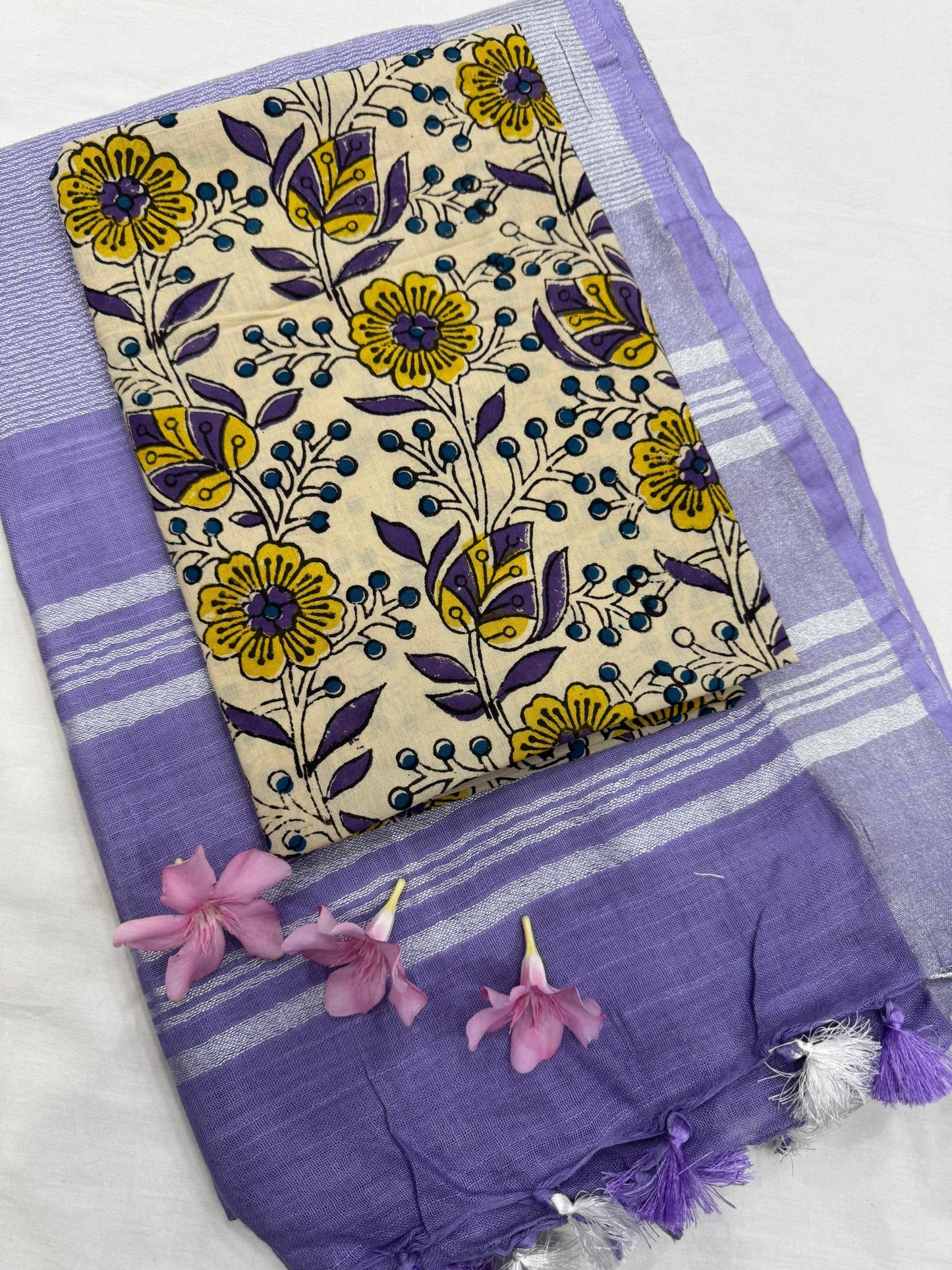 Purple Saree with Cream Floral Jaal Blouse Fabric – Handcrafted cotton mul handblock saree wholesale for retailers, boutiques, and designers