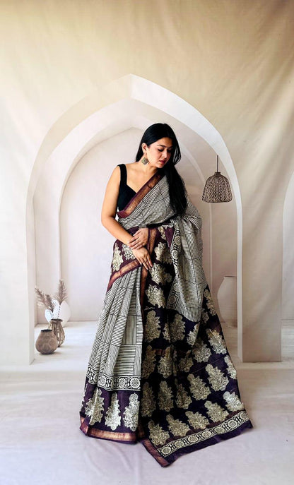 Purple Maheshwari Silk Handblock Printed Saree with Floral Boota and Bandhani Design – Wholesale Silk Saree