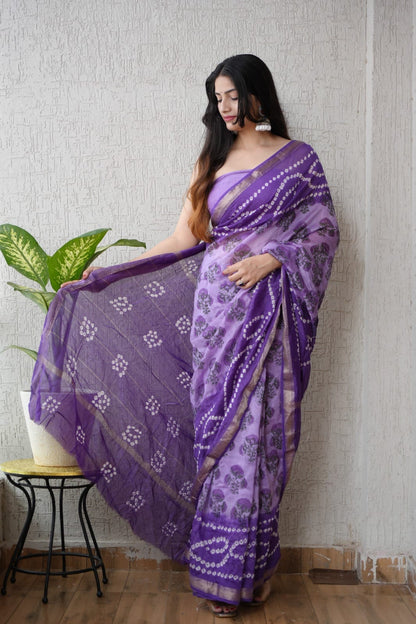 Purple Maheshwari Silk Handblock Printed Saree with Floral Boota and Bandhani Design – Wholesale Silk Saree