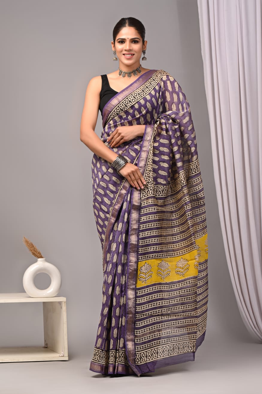 Purple Maheshwari Silk Handblock Printed Saree with Floral Booti – Wholesale Designer Silk Saree