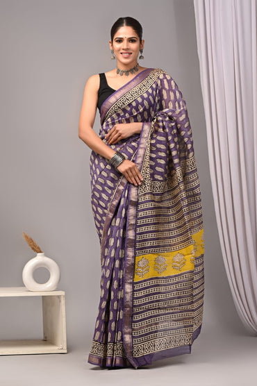 Purple Maheshwari Silk Handblock Printed Saree with Floral Booti – Wholesale Designer Silk Saree