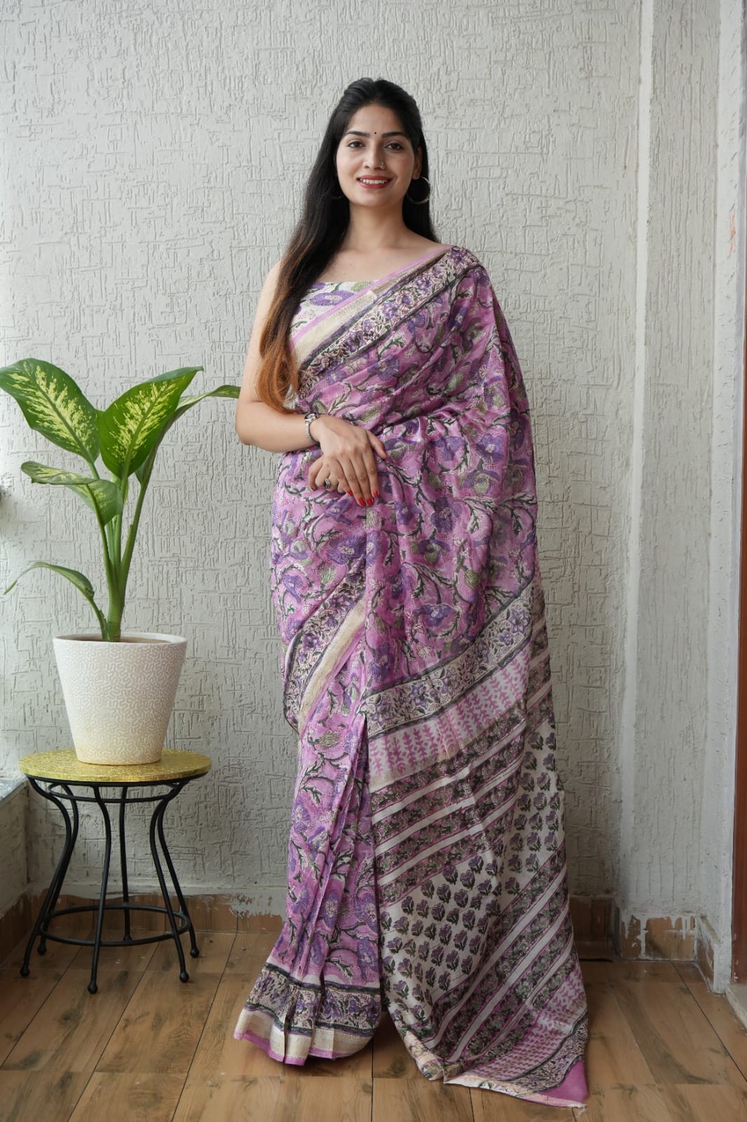 Purple Maheshwari Silk Handblock Printed Saree with Floral Jaal – Wholesale Silk Saree