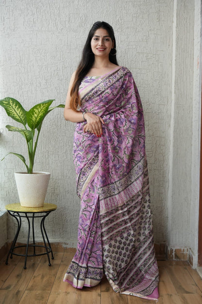 Purple Maheshwari Silk Handblock Printed Saree with Floral Jaal – Wholesale Silk Saree