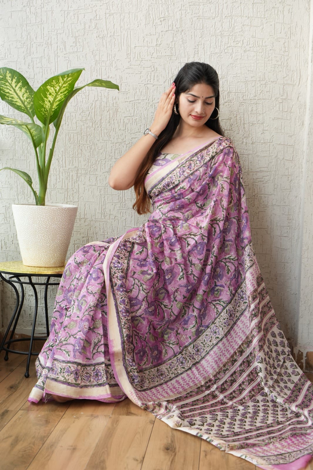 Purple Maheshwari Silk Handblock Printed Saree with Floral Jaal – Wholesale Silk Saree