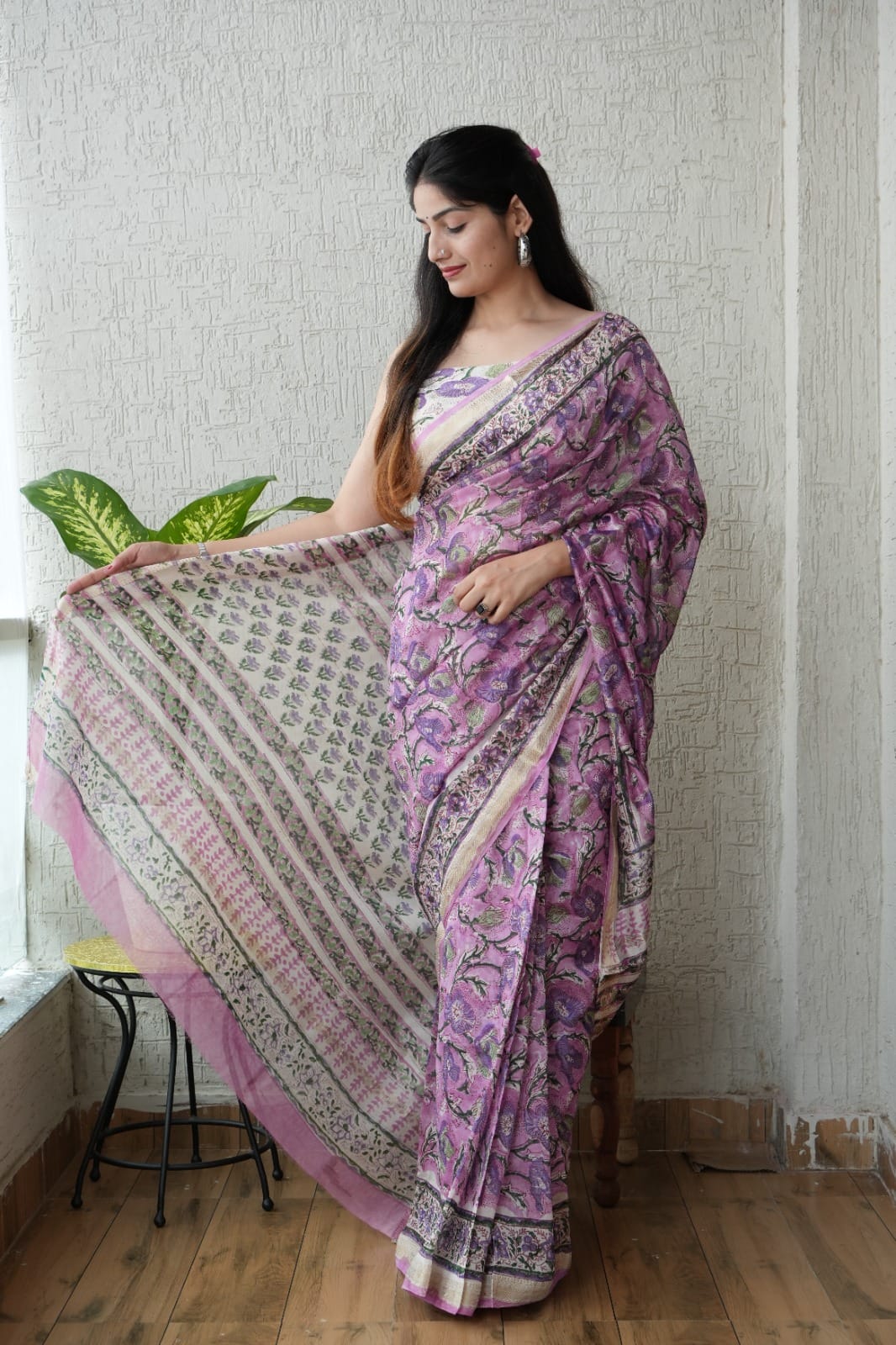 Purple Maheshwari Silk Handblock Printed Saree with Floral Design – Wholesale Silk Saree