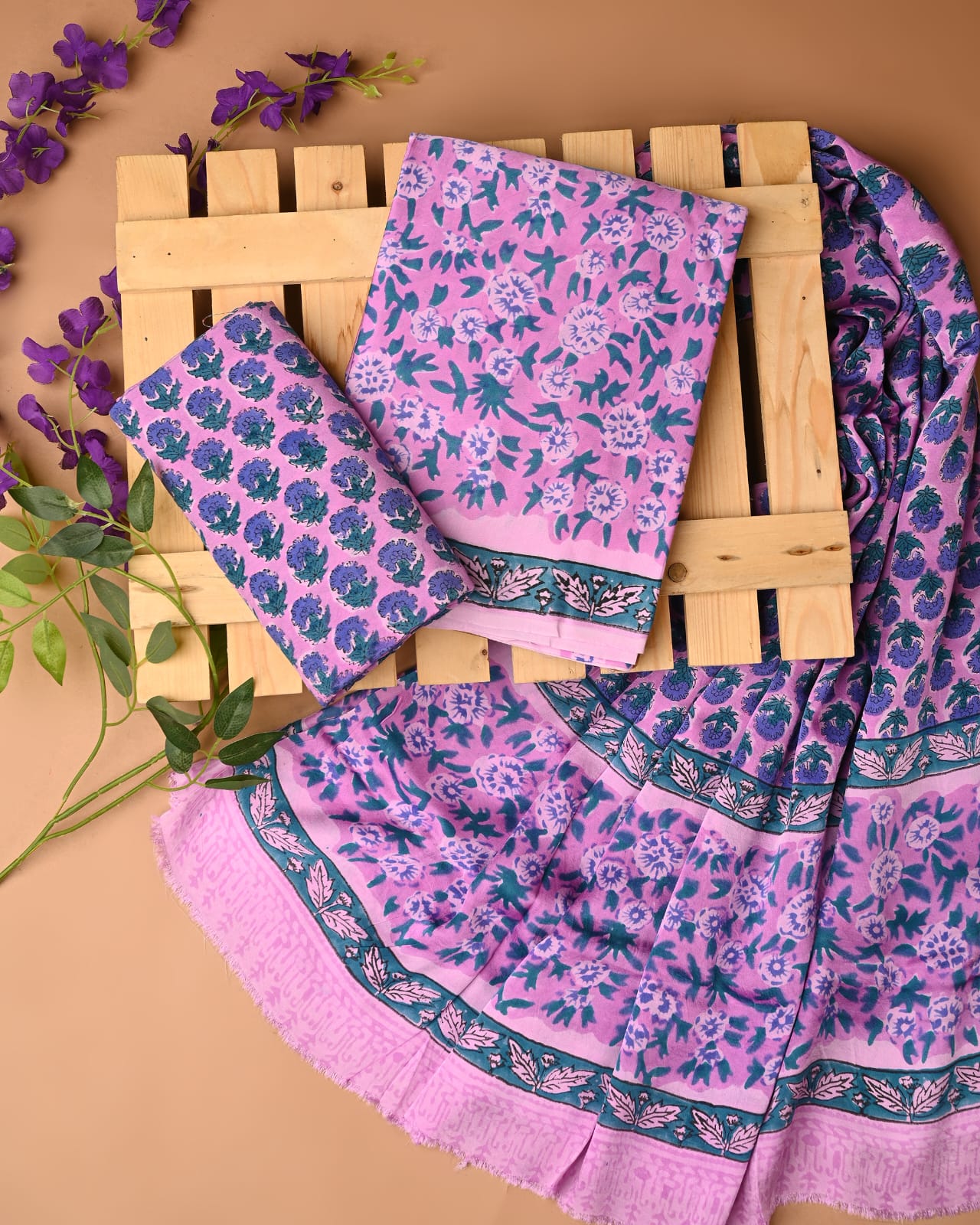 Purple JAL Cupro Modal Silk Handblock Printed Dress Material – Wholesale for Boutiques & Designers