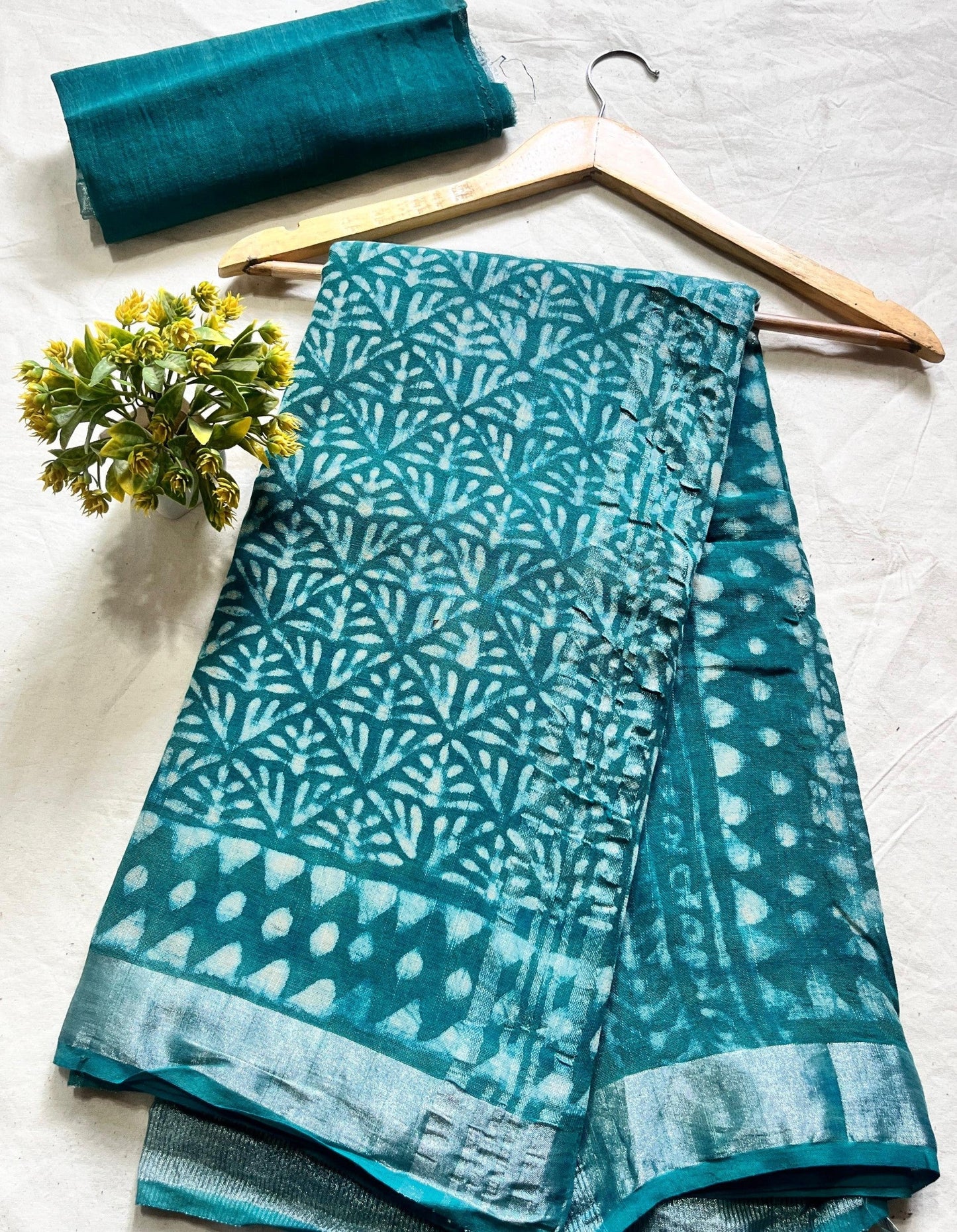 Rama Green Geometrical Floral Jaal Saree – Premium handblock cotton linen saree wholesale for retailers and boutiques