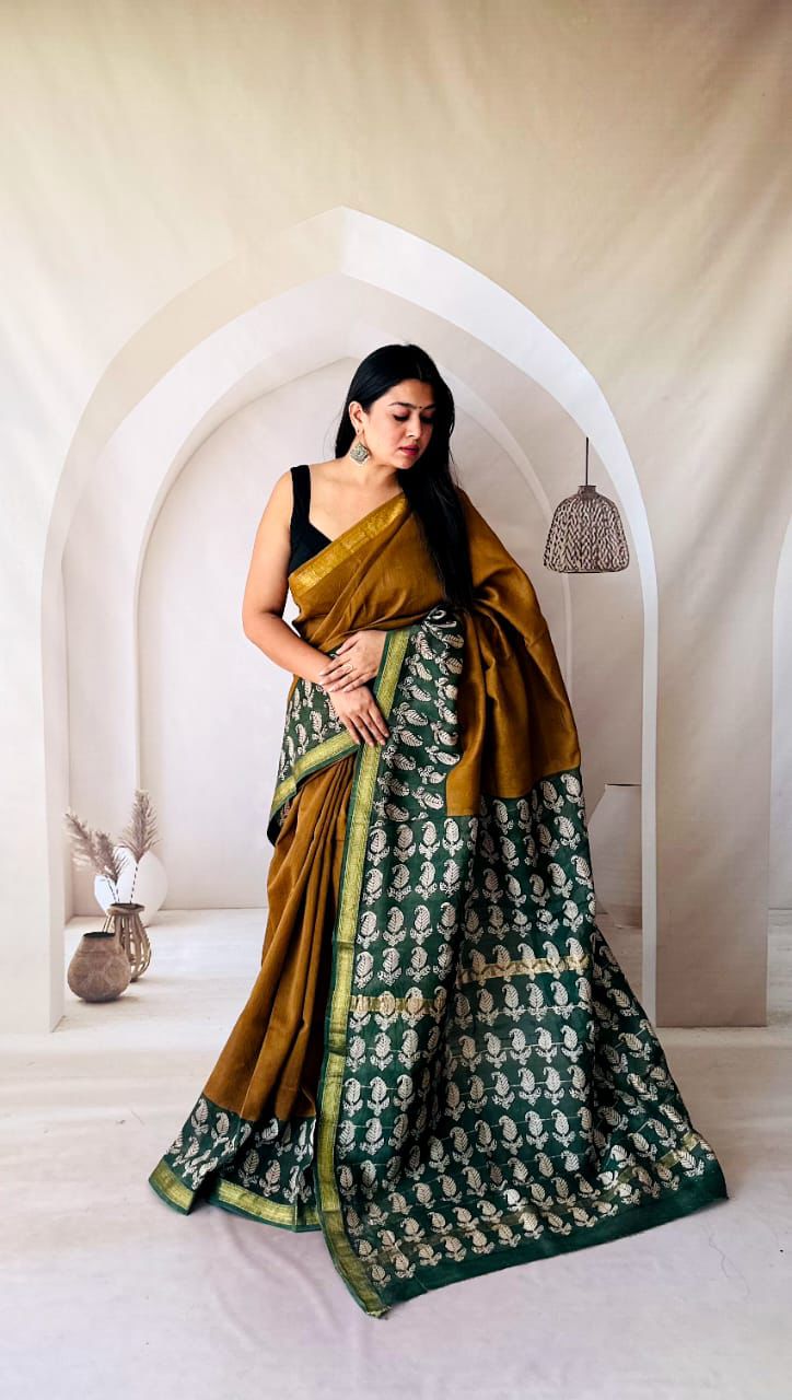 Ramagreen Maheshwari Silk Handblock Printed Saree with Paisley Design – Wholesale Designer Silk Saree