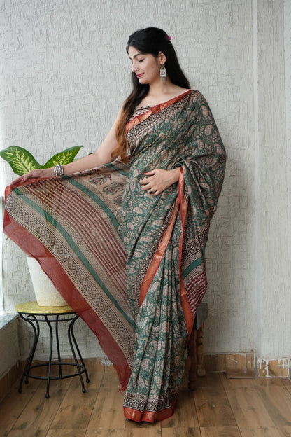 Ramagreen Maheshwari Silk Handblock Printed Saree with Paisley Design – Wholesale Designer Silk Saree