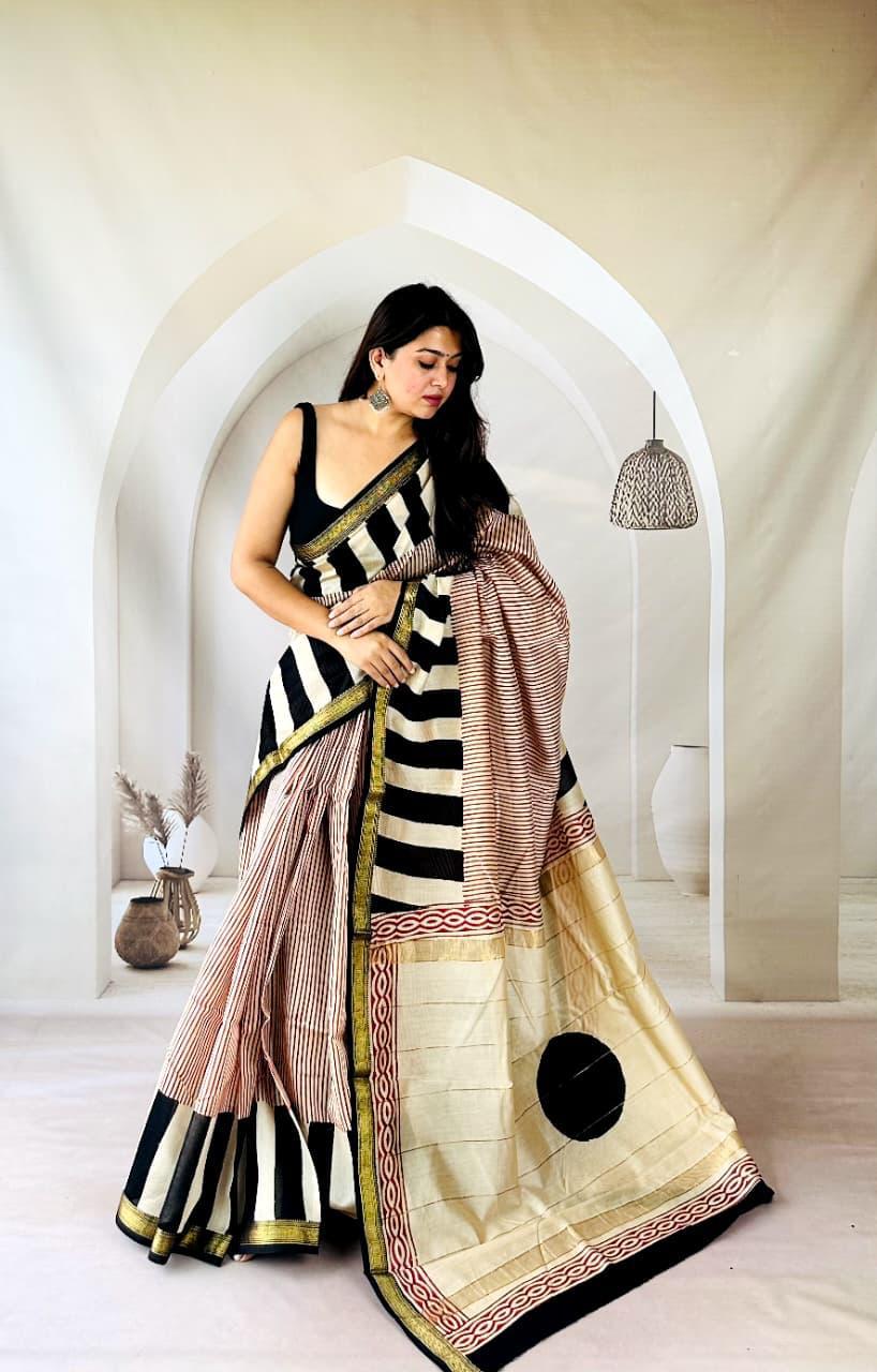 Red and Black Maheshwari Silk Handblock Printed Saree with Zigzag Design – Wholesale Designer Silk Saree