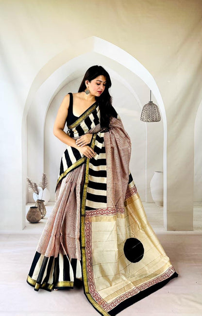 Red and Black Maheshwari Silk Handblock Printed Saree with Zigzag Design – Wholesale Designer Silk Saree