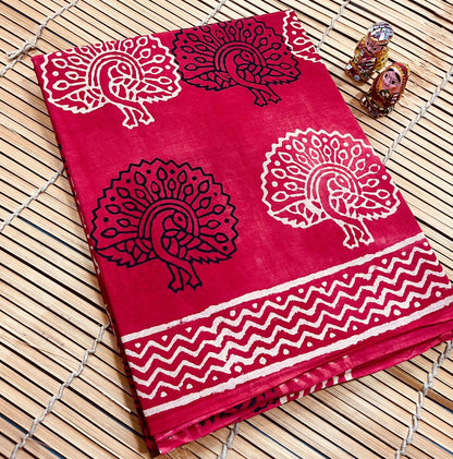Red Peacock Design Cotton Mul Handblock Saree – Handcrafted premium wholesale saree for boutiques and stores