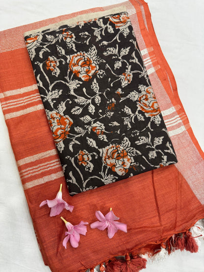 Rustic Orange Saree with Black Floral Jaal Blouse Fabric – Premium handblock cotton mul saree wholesale for boutiques and designers