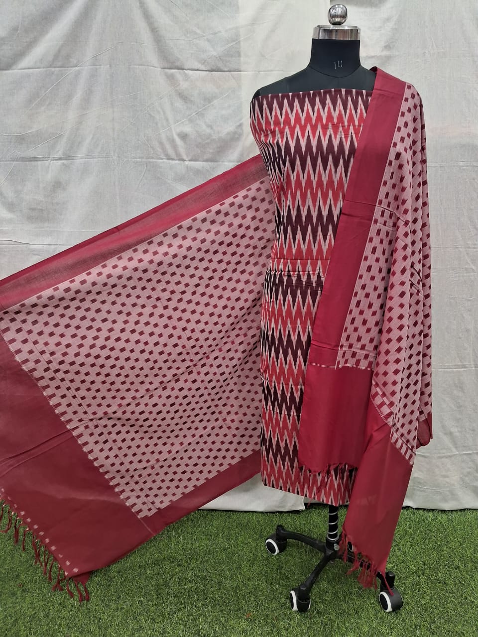 Rustic Red Cotton Ikat Dress Material – Handcrafted by Skilled Artisans for Wholesale Orders