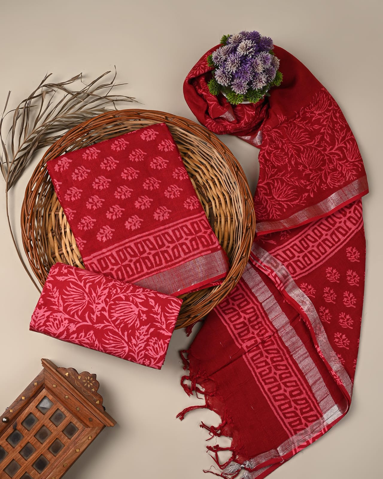 Cotton Linen  Hand Block Printed Dress Material (MOQ 6 Pcs Assorted) | Fabtexs