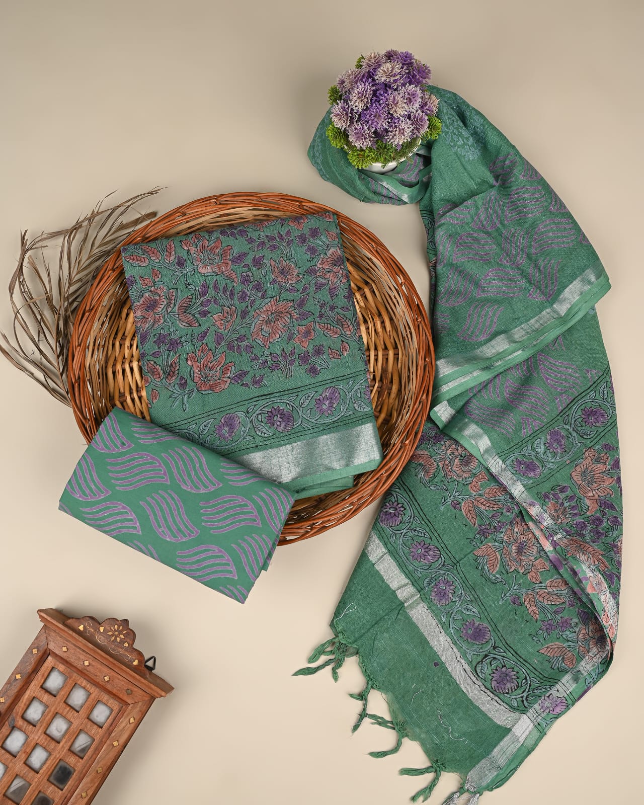 Cotton Linen  Hand Block Printed Dress Material (MOQ 6 Pcs Assorted) | Fabtexs