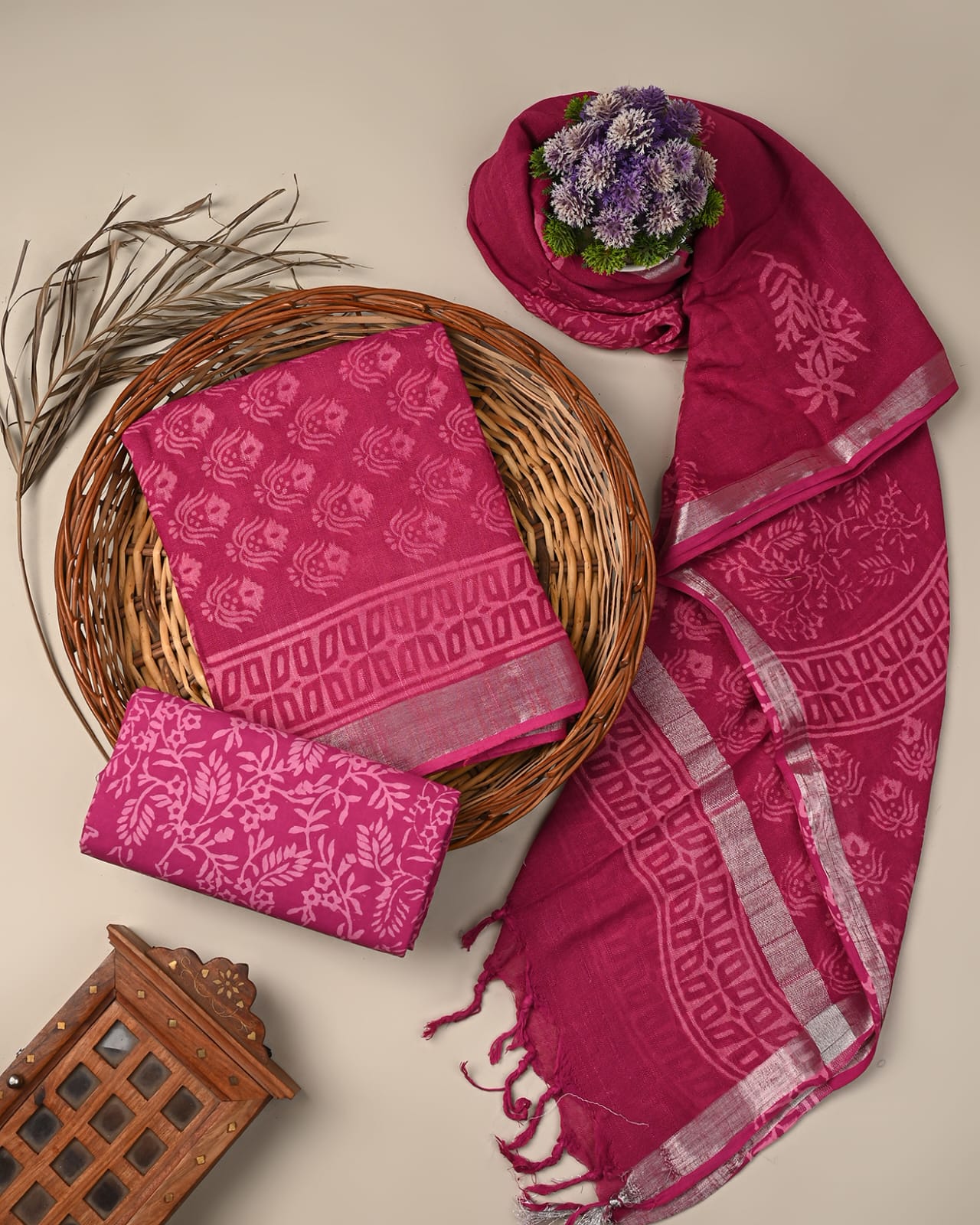 Cotton Linen  Hand Block Printed Dress Material (MOQ 6 Pcs Assorted) | Fabtexs