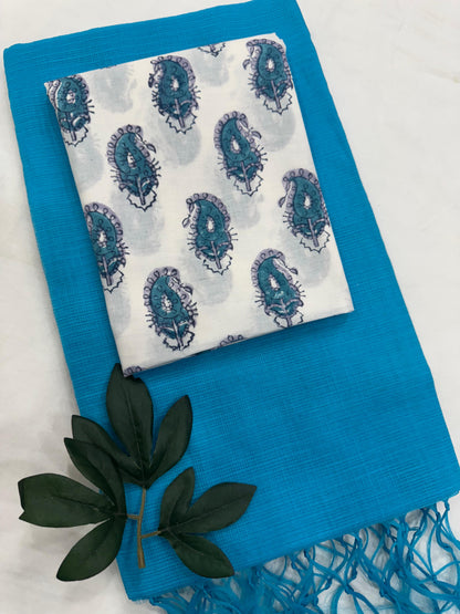 Plain Kota Doriya Saree with Printed Blouse MOQ 6pcs | Assorted – Fabtexs