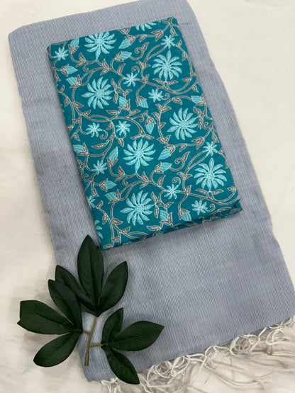 Plain Kota Doriya Saree with Printed Blouse MOQ 6pcs | Assorted – Fabtexs