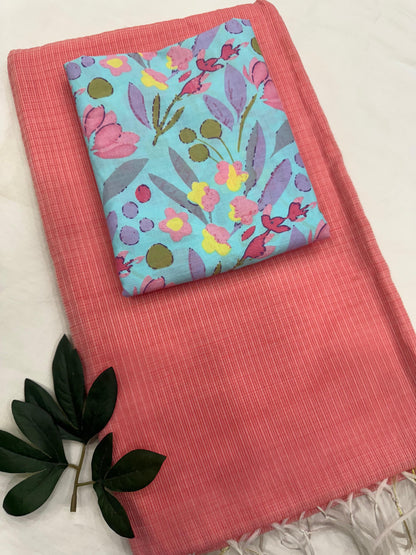 Plain Kota Doriya Saree with Printed Blouse MOQ 6pcs | Assorted – Fabtexs