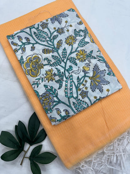 Plain Kota Doriya Saree with Printed Blouse MOQ 6pcs | Assorted – Fabtexs