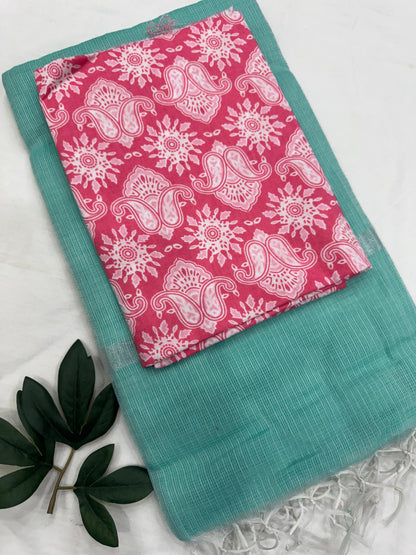 Plain Kota Doriya Saree with Printed Blouse MOQ 6pcs | Assorted – Fabtexs