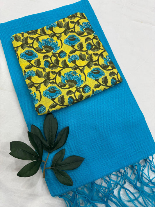 Plain Kota Doriya Saree with Printed Blouse MOQ 6pcs | Assorted – Fabtexs