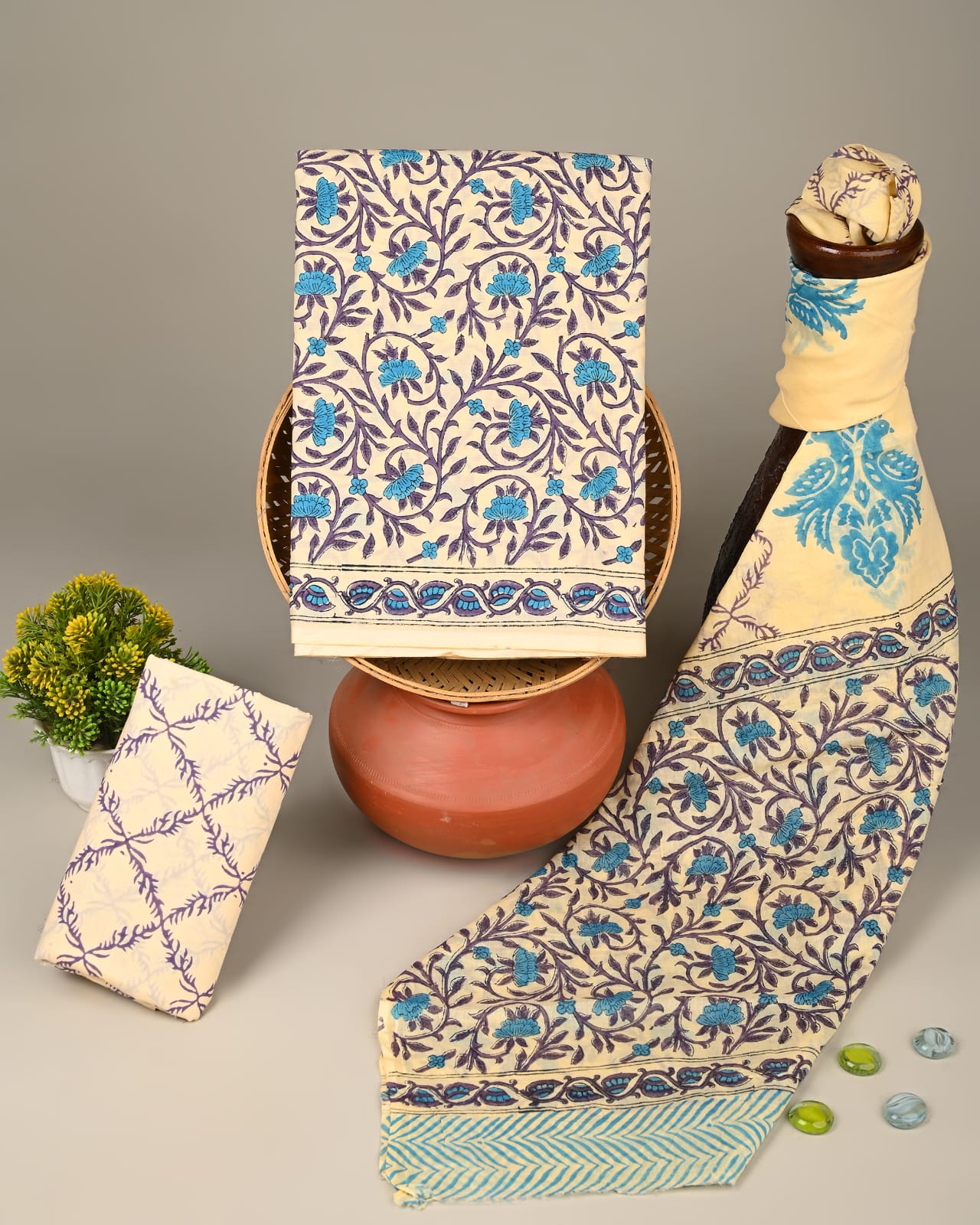 Pure cotton hand block printed suits with cotton dupatta
