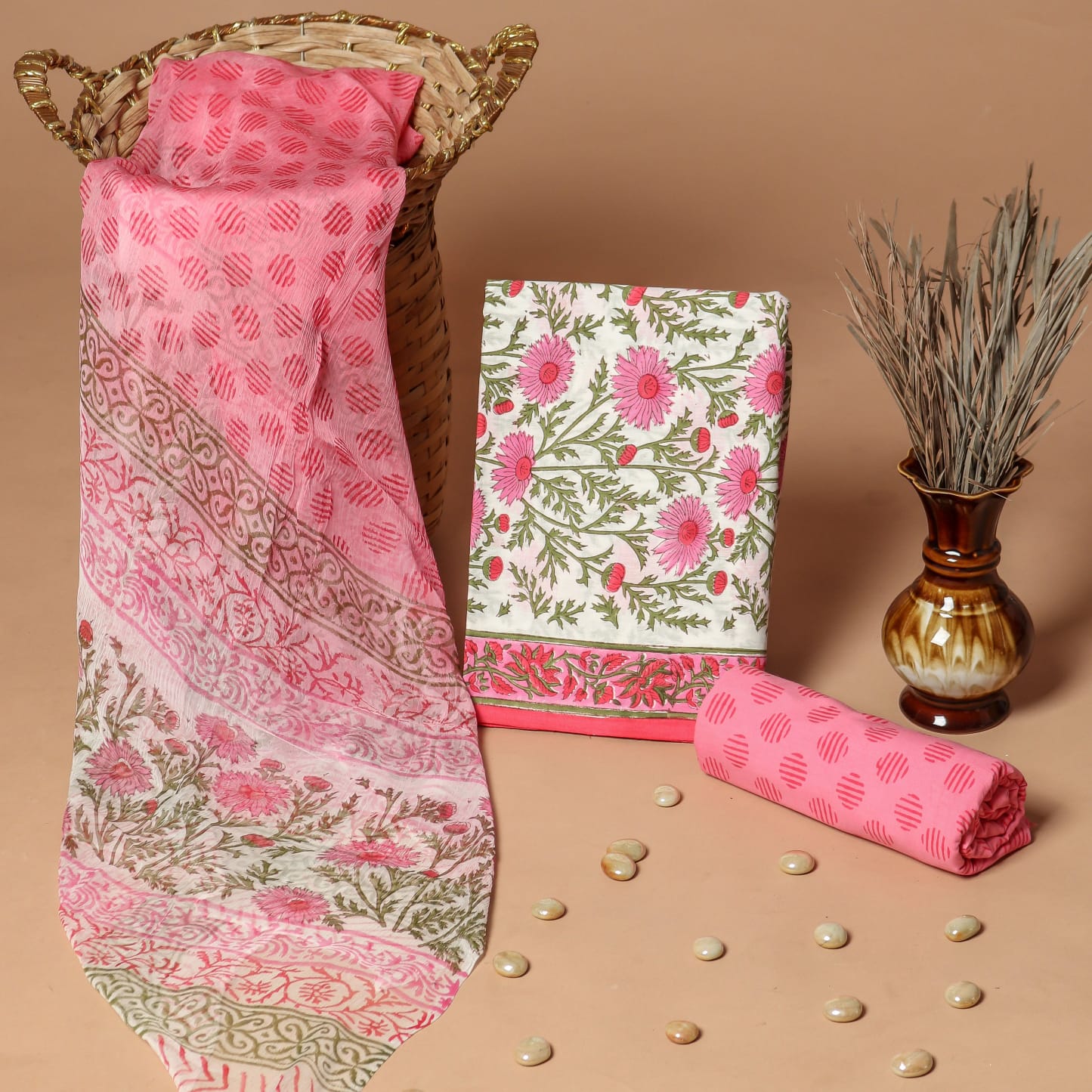 White Pink JAL Handblock Printed Cotton Dress Material – Wholesale Designer Fabrics