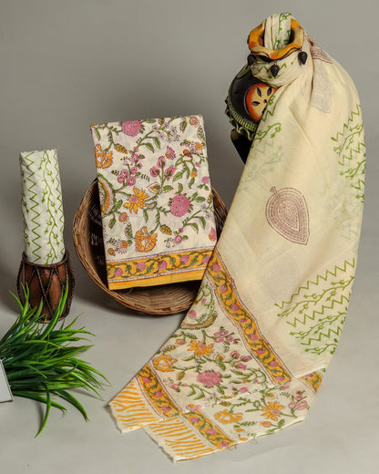 Wholesale Handblock Printed Cotton Mul Mul Suit Set with Mul Dupatta – Cream Jaal Design, Handcrafted in Rajasthan for Designers, Boutiques, and Bulk Orders