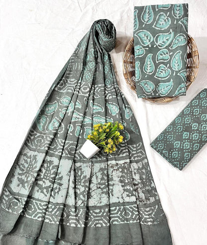 Wholesale Handblock Printed Cotton Mul Dress Material Set with Mul Dupatta – Blue Grey Color, Artisan-Crafted in Rajasthan for Designers, Boutiques, and Bulk Orders
