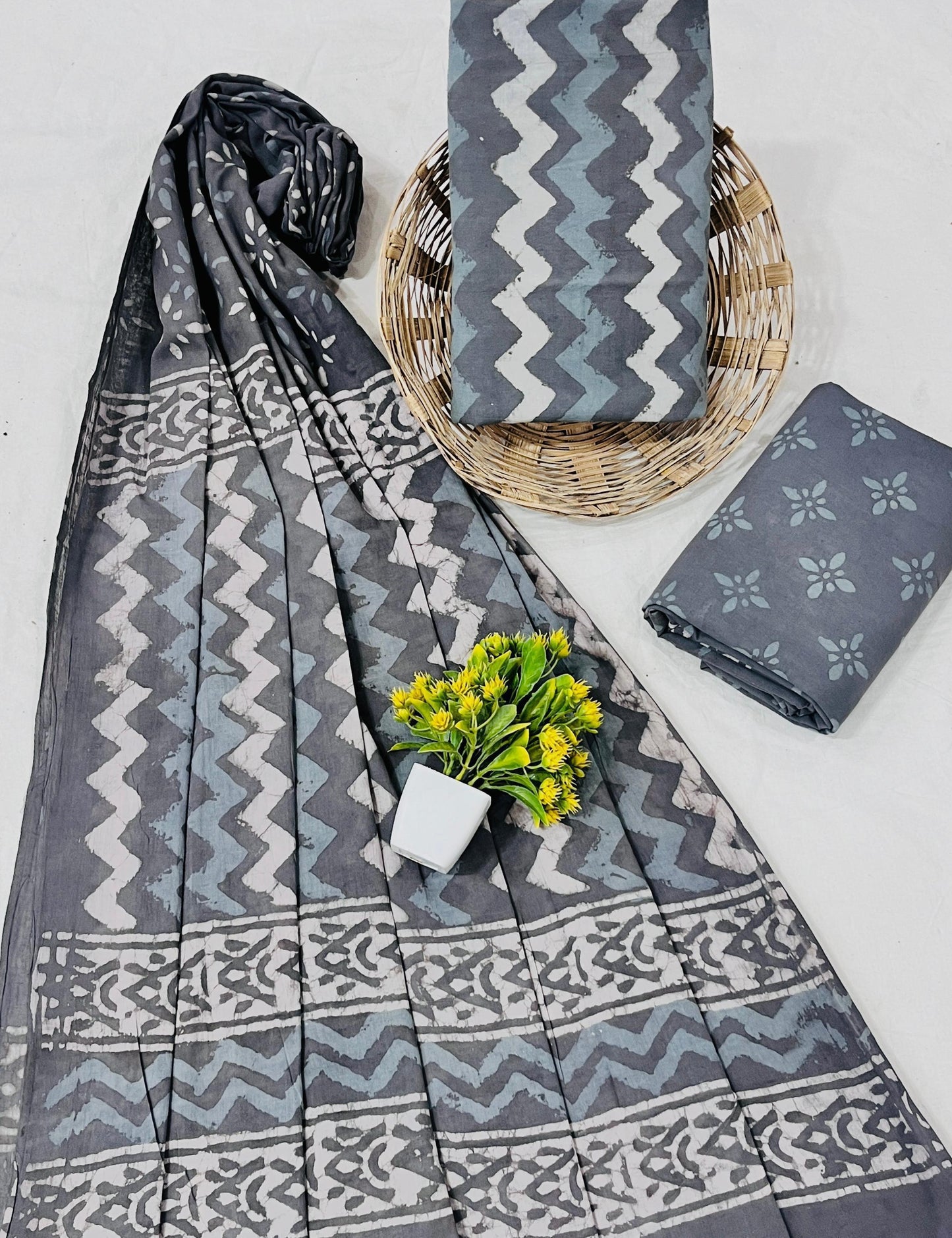 Wholesale Handblock Printed Cotton Mul Dress Material Set with Mul Dupatta – Grey Color, Artisan-Crafted in Rajasthan for Designers, Boutiques, and Bulk Orders