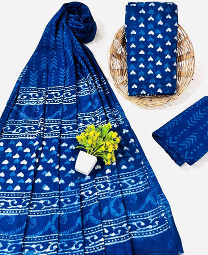Wholesale Handblock Printed Cotton Mul Dress Material Set with Mul Dupatta – Indigo Butti Design, Artisan-Crafted in Rajasthan for Designers, Boutiques, and Bulk Orders