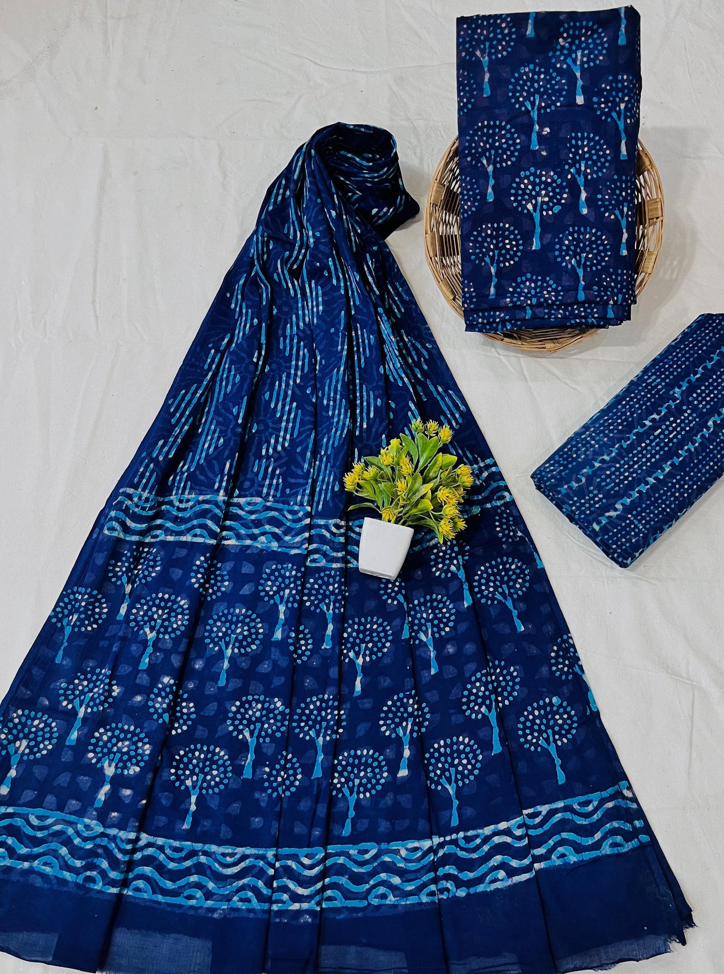 Wholesale Handblock Printed Cotton Mul Dress Material Set with Mul Dupatta – Indigo Dabu Design, Artisan-Crafted in Rajasthan for Designers, Boutiques, and Bulk Orders