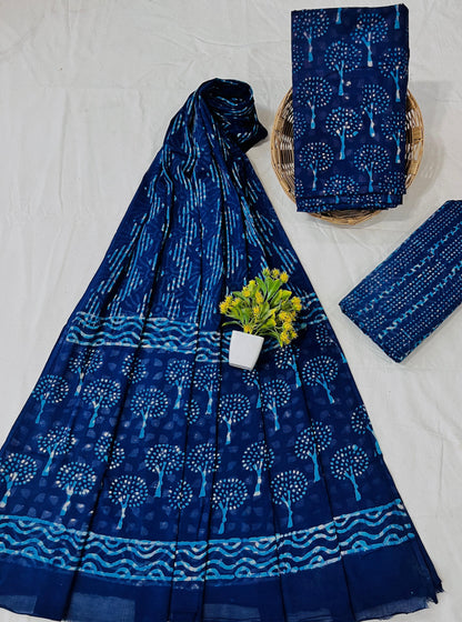 Wholesale Handblock Printed Cotton Mul Dress Material Set with Mul Dupatta – Indigo Dabu Design, Artisan-Crafted in Rajasthan for Designers, Boutiques, and Bulk Orders