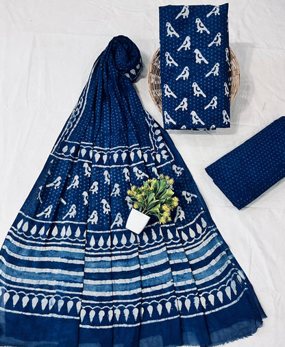 Wholesale Handblock Printed Cotton Mul Dress Material Set with Mul Dupatta – Indigo Flora Design, Artisan-Crafted in Rajasthan for Designers, Boutiques, and Bulk Orders